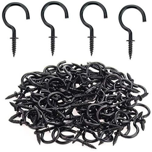 Powlankou 1inch Black Zinc Plated Metal Screw-in Ceiling Hooks Cup Hooks Black, 120 Pieces