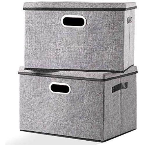 Seckon Large Foldable Storage Bin with Lid [2-Pack] Linen Fabric Decorative Storage Boxes Organizer Containers Basket Cube with Handles Divider for Bedroom Closet Office Living Room