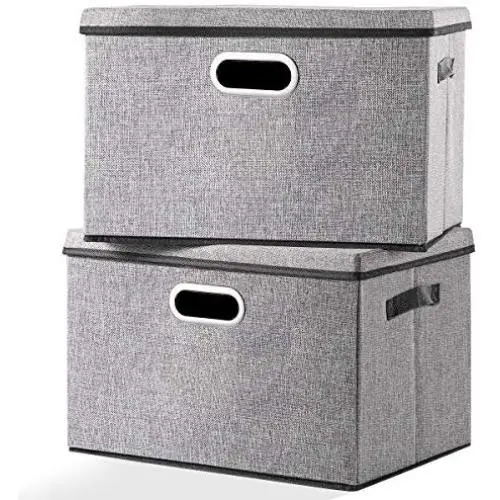 Seckon Large Foldable Storage Bin with Lid [2-Pack] Linen Fabric Decorative Storage Boxes Organizer Containers Basket Cube with Handles Divider for Bedroom Closet Office Living Room