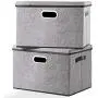 Seckon Large Foldable Storage Bin with Lid [2-Pack] Linen Fabric Decorative Storage Boxes Organizer Containers Basket Cube with Handles Divider for Bedroom Closet Office Living Room