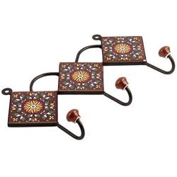 Indianshelf Handmade 1 Artistic Vintage Brown Ceramic Wheel Wall Hooks Tile Hanger/Key Hooks for Clothes