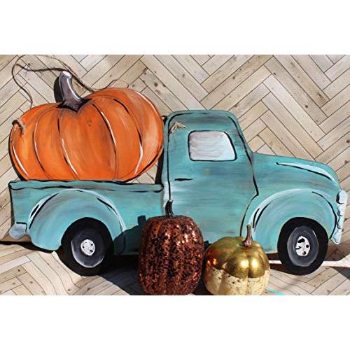 Pumpkin Teal Truck Wooden Door Hanger SIgn