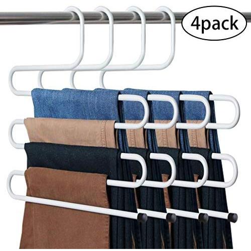 Zebrago Pants Hanger， Multilayer Pants Hangers Trouser Hangers S Shaped Non Slip Stainless Steel Metal Hangers Space Saving Closet Storage for Tie Scarf Shock Jeans Towel Clothes（4Pack ）