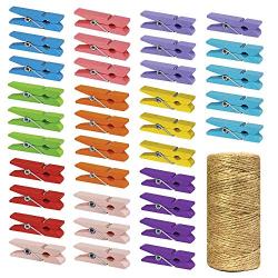 Mini Natural Wooden Clothespins with Jute Twine, 100pcs, 1.4 Inch Photo Paper Peg Pin Craft Clips with 320ft Natural Twine for Scrapbooking, Arts & Crafts, Hanging Photos (10 Colors)