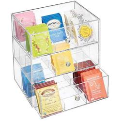 mDesign Plastic Kitchen Pantry, Cabinet, Countertop Organizer Storage Station with 3 Drawers for Coffee, Tea, Sugar Packets, Sweeteners, Creamers, Drink Pods, Packets - 27 Sections - Clear