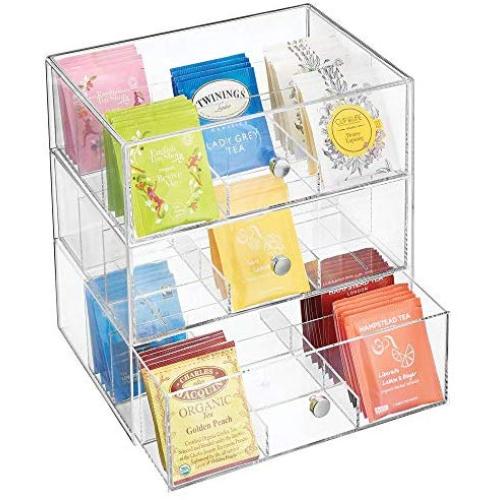 mDesign Plastic Kitchen Pantry, Cabinet, Countertop Organizer Storage Station with 3 Drawers for Coffee, Tea, Sugar Packets, Sweeteners, Creamers, Drink Pods, Packets - 27 Sections - Clear