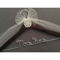 Elegant Bridal Hanger Wedding Dress Hanger with Personalized Name in Silver wire on walnut stained wood hanger