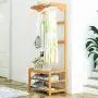 Cxjff Floor Standing Coat Rack Multifunction Bearing Hanger Clothes 10 Hooks Shoes Shelves Easy Install, Bamboo, 2 Sizes (Color : Wood Color, Size : 64x34x168cm)