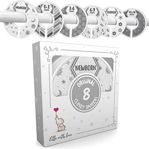 Baby Closet Size Dividers by Elle with Love ? Set of 8 ? Unisex Neutral Nursery Closet Organizers ? Baby Clothes Size/Age Hanger Dividers for Boys & Girls ? Sizes from Newborn to Toddler