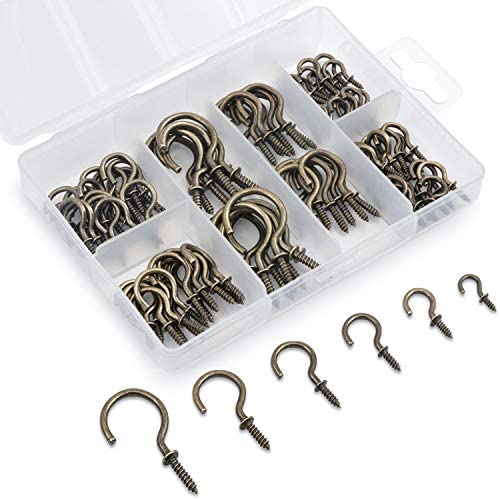 Bronze Screw-in Cup Hooks Kit, 105 Pcs Ceiling Hooks in 6 Size for Hanging-(1/2'', 5/8'', 3/4'', 7/8'', 1, 1-1/4'')