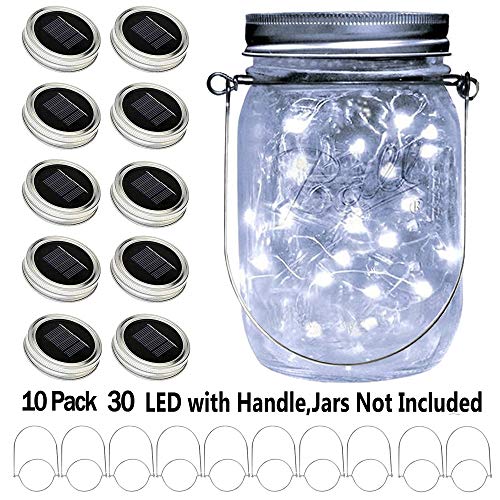 YITING Upgraded Solar Mason Jar Lid Lights, 10 Pack 30 LED Fairy Star Firefly String Lids Lights Including (10 pcs Hangers and 6 pcs PVC),for Wedding Patio Garden Party Decorations (No Jars)