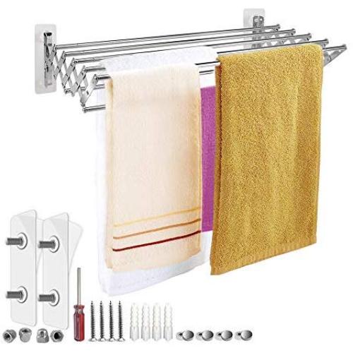 Mai Hongda Accordion Wall Mounted Drying Rack Stainless Steel Clothes Retractable Folding Accordian Wall Hanger Hanging Towel Holder 60lb Capacity for Laundry Bathroom No Drilling (17-32inch Variable)