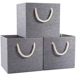 Prandom Large Foldable Cube Storage Bins 13x13 inch [3-Pack] Fabric Linen Storage Baskets Cubes Drawer with Cotton Handles Organizer for Shelves Toy Nursery Closet Bedroom Grey