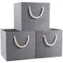 Prandom Large Foldable Cube Storage Bins 13x13 inch [3-Pack] Fabric Linen Storage Baskets Cubes Drawer with Cotton Handles Organizer for Shelves Toy Nursery Closet Bedroom Grey