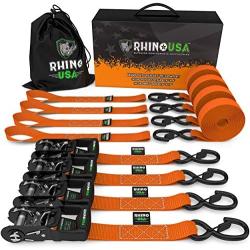 RHINO USA Ratchet Straps Tie Down Kit, 5,208 Break Strength - Includes (4) Heavy Duty 1.6'' x 8 Rachet Tiedowns with Padded Handles & Coated Chromoly S Hooks + (4) Soft Loop Tie-Downs (Orange)