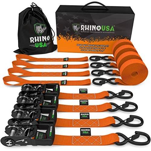 RHINO USA Ratchet Straps Tie Down Kit, 5,208 Break Strength - Includes (4) Heavy Duty 1.6'' x 8 Rachet Tiedowns with Padded Handles & Coated Chromoly S Hooks + (4) Soft Loop Tie-Downs (Orange)