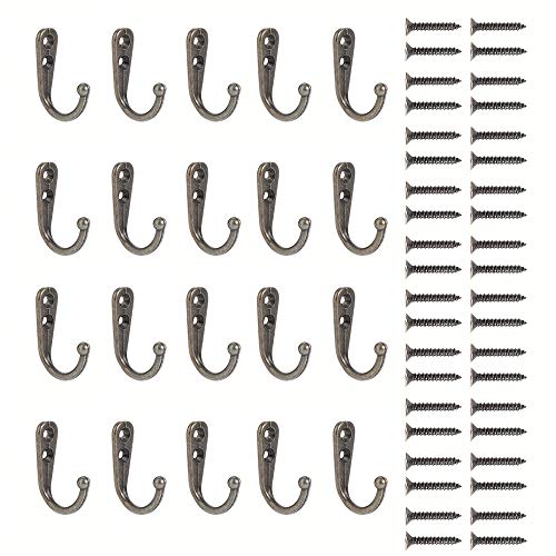 20 Pack Heavy Duty Dual Coat Hooks Wall Mounted with 44 Screws Retro Double Hooks Utility Black Hooks for Coat, Scarf, Bag, Towel, Key, Cap, Cup, Hat …