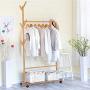 Bamboo Garment Rack, FOME Bamboo Clothes Laundry Rack Clothing Rack with Shelves Entryway Storage Rack with Wheels 6 Side Hook Coat Hanger for Jacket Umbrella Clothes Hats Scarf and Handbags