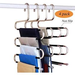 Fashion Easy Non-Slip Pants Hangers S-Shape,Multi Layers Space Saving Non Slip Stainless Steel Clothes Hangers Closet Organizer for Pants Jeans Trousers Scarf(4 Pack)