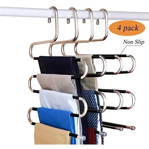 Fashion Easy Non-Slip Pants Hangers S-Shape,Multi Layers Space Saving Non Slip Stainless Steel Clothes Hangers Closet Organizer for Pants Jeans Trousers Scarf(4 Pack)