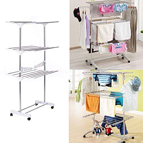 Rungfa 3 Tier Stainless Organizer Folding Drying Rack Clothes Drier Hanger Stand Airer