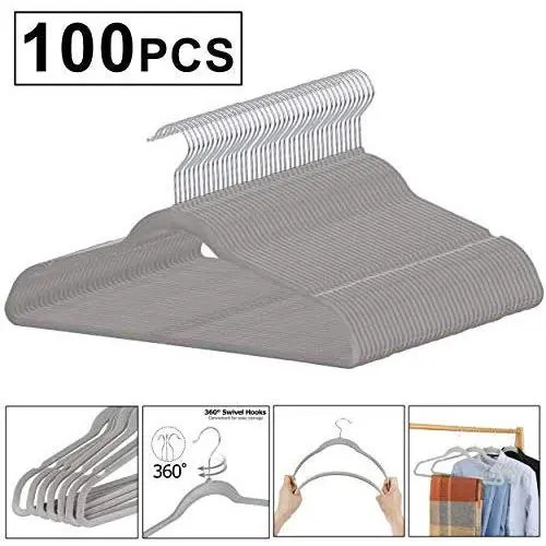 ZENY Pack of 100 Premium Velvet Hangers - Non Slip Velvet Suit Hangers - 360° Swivel Hooks - Space Saving Clothes Hangers (Grey)