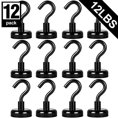 AmHoo Strong Magnetic Hooks Heavy Duty for Indoor Outdoor Kitchen Refrigerator Grill Tools Door Coat Hook Grill Utensils Metal Hanger(Black,12PCS,12LBS)