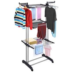 Yeshom Foldable 3 Tier Clothes Drying Rack Rolling Collapsible Laundry Dryer Hanger Stand Rail Indoor Outdoor Dark Grey