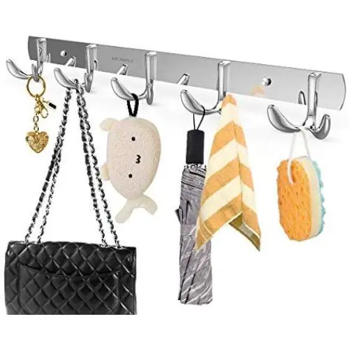 OUNONA Wall Mount Hook Rack, Stainless Steel Coat Rack Coat Hooks with 5 Heavy Duty Hanger Hooks, Hook Rail for Towel Bag Clothes, 17.32-Inch