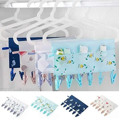 CCseesea Portable Hanger Clip Laundry Hook Hanging Clothes Multi-Purpose Travel Home Clothing Boot Hanger Hold Clips Cloth Art (Lattice, Large(with Pocket))