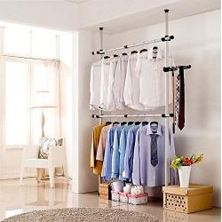 Goldcart 3202 Telescopic Garment Rack, Heavy Duty Design Movable DIY By Hand No Damage to Wall Ceiling Hanging Rail, 0.7-1.3 Meters Wide Adjustable, 120 Kilogram Loading, Reach Hook Included, White