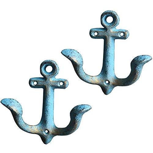 KiaoTime Set of 2 Blue Vintage Rustic Cast Iron Nautical Anchor Design Wall Hooks Coat Hooks Rack, Decorative Wall Mounted Antique Shabby Chic Metal Home Bath Room Towel Coat Hooks Hanger