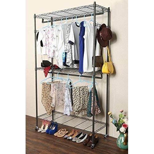 Homdox 3 Shelves Wire Shelving Clothing Rolling Rack Heavy Duty Commercial Grade Garment Rack with Wheels and Side Hooks (One Pair Hook and Two Hanging Rods Gray)