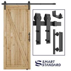 6 FT Heavy Duty Sturdy Sliding Barn Door Hardware Kit, 6ft Single Rail, Black, (Whole Set Includes 1x Pull Handle Set & 1x Floor Guide) Fit 36" Wide Door Panel (J Shape Hanger)