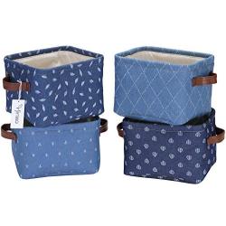 Hinwo 4L Mini Size Nursery Storage Bin Basket Collapsible Square Denim Fabric Storage Boxes Container Organizer with PU Leather Handles for Shelves & Desks, Set of 4, 7.9 x 6.3 x 5.5 inches