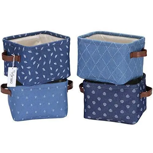 Hinwo 4L Mini Size Nursery Storage Bin Basket Collapsible Square Denim Fabric Storage Boxes Container Organizer with PU Leather Handles for Shelves & Desks, Set of 4, 7.9 x 6.3 x 5.5 inches Hinwo 4L Mini Size Nursery Storage Bin Basket Collapsible Square Denim Fabric Storage Boxes Container Organizer with PU Leather Handles for Shelves & Desks, Set of 4, 7.9 x 6.3 x 5.5 inches