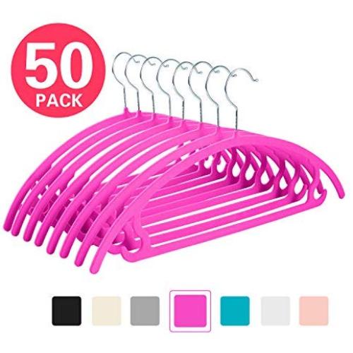 MIZGI Upgraded Velvet Hangers (Pack of 50) Heavyduty- Non Slip No Shoulder Bump Suit Hangers - Chrome Hooks,Space Saving Clothes Hangers,Rounded Hangers for Coat,Sweater,Jackets,Pants,Shirts(Pink)