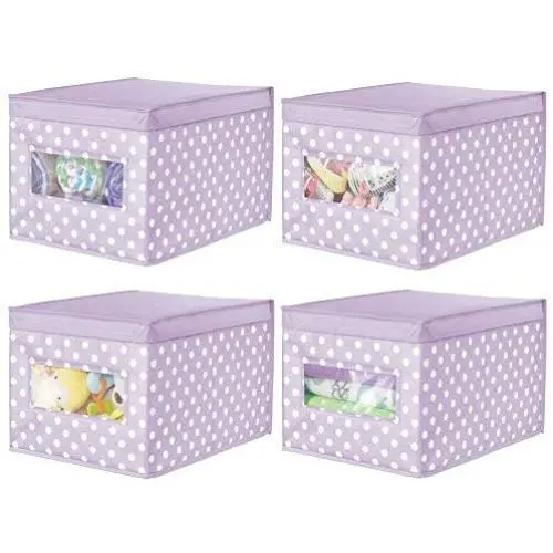 mDesign Decorative Soft Stackable Fabric Closet Storage Organizer Holder Boxes - Clear Window, Lid, for Child/Kids Room, Nursery - Large, Collapsible Foldable - Polka Dot Print - 4 Pack - Light Purple