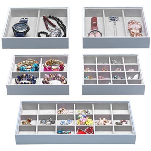Magic Stackable Jewelry Trays Closet Dresser Drawer Organizer for Accessories, Gadgets & Cosmetics, Storage Display Showcase Holder Box, Set of 5