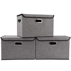 Large Foldable Storage Boxes Bins with Lids[3Pack] Stackable Collapsible Linen Fabric Storage Container Organizers with Handles for Home Bedroom Closet Office (Gray Color)