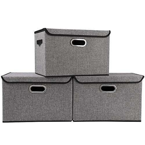 Large Foldable Storage Boxes Bins with Lids[3Pack] Stackable Collapsible Linen Fabric Storage Container Organizers with Handles for Home Bedroom Closet Office (Gray Color)