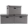Large Foldable Storage Boxes Bins with Lids[3Pack] Stackable Collapsible Linen Fabric Storage Container Organizers with Handles for Home Bedroom Closet Office (Gray Color)