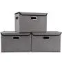Large Foldable Storage Boxes Bins with Lids[3Pack] Stackable Collapsible Linen Fabric Storage Container Organizers with Handles for Home Bedroom Closet Office (Gray Color)
