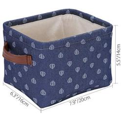 Hinwo 4L Mini Size Nursery Storage Bin Basket Collapsible Square Denim Fabric Storage Boxes Container Organizer with PU Leather Handles for Shelves & Desks, Set of 4, 7.9 x 6.3 x 5.5 inches