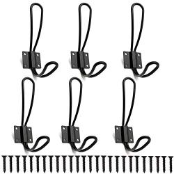 Rustic Farmhouse Entryway Hooks 6 Pack Decorative Vintage Hangers Wall Mounted Hard Antique Industrial Heavy Duty Hook Set Double Farmhouse Utility Hook Set Best for Clothes Hanger (Black)