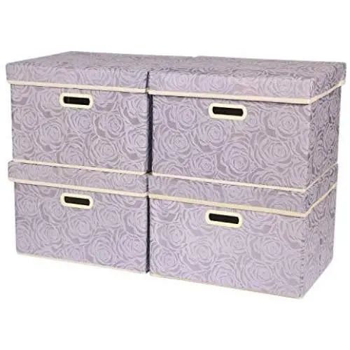4 Pack Large Foldable Storage Boxes with Lids, Fabric Storage Cube Organizer Cloth Containers Linen Bins Baskets for Closet Clothes Clothing Nursery Kids Room Toys Baby Products Bed Room