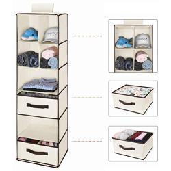 Magicfly 6-Shelf Hanging Closet Organizer with Drawers(1 Drawer with Divider & 1 Underwear Drawer), Foldable Clothes Hanging Shelf for Sweater, Bra, Socks, 44.9 X 13 X11.4 Inch, Beige