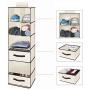 Magicfly 6-Shelf Hanging Closet Organizer with Drawers(1 Drawer with Divider & 1 Underwear Drawer), Foldable Clothes Hanging Shelf for Sweater, Bra, Socks, 44.9 X 13 X11.4 Inch, Beige