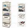 Magicfly 6-Shelf Hanging Closet Organizer with Drawers(1 Drawer with Divider & 1 Underwear Drawer), Foldable Clothes Hanging Shelf for Sweater, Bra, Socks, 44.9 X 13 X11.4 Inch, Beige