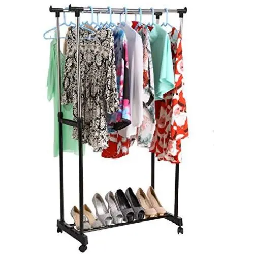 Tinffy Portable Adjustable Double Clothes Garment Drying Hanging Racks Hangers with Castors and Shoe Rack Garment Racks (US Stock)